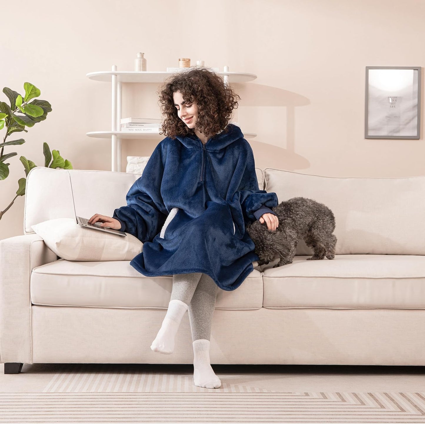Experience Ultimate Comfort with Our Oversized Wearable Blanket Hoodie for Adults - Luxurious Thick Sherpa Fleece Sweatshirt in Cozy Blue with Elastic Sleeves & Giant Pockets