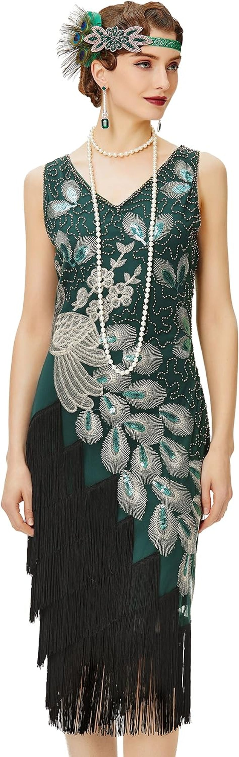 Glamorous 1920s Vintage Peacock Sequined Flapper Dress with Fringes - Perfect for Gatsby Parties and Special Occasions