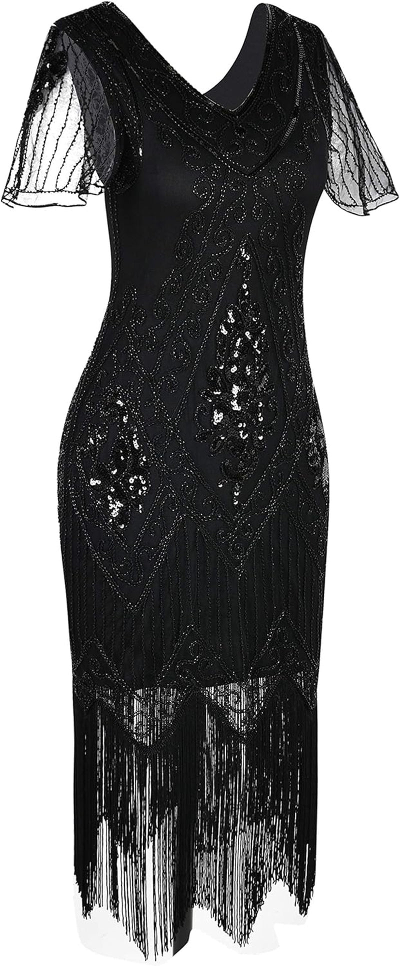 Glamorous 1920s Inspired Women's Flapper Cocktail Dress with Sequins and Sleeves