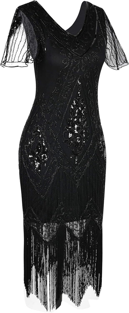 Glamorous 1920s Inspired Women's Flapper Cocktail Dress with Sequins and Sleeves