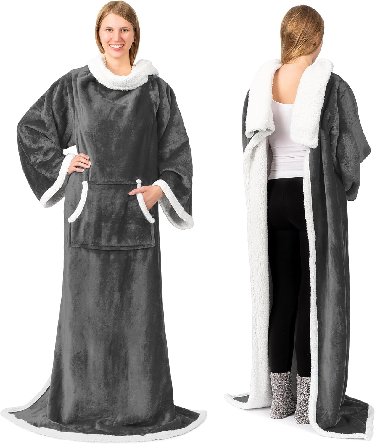 Cozy Sherpa Wearable Blanket with Sleeves & Pocket - Perfect for Snuggling Up This Winter!
