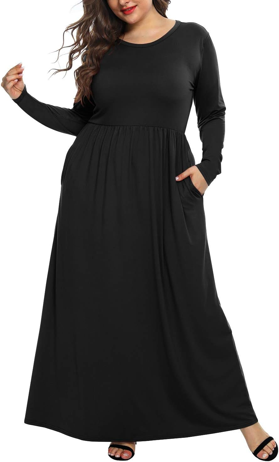 Elevate Your Style with Our Women's Plus Size Maxi Dresses - Perfect for Curvy Figures, Cozy Long Sleeve Design with Pockets!