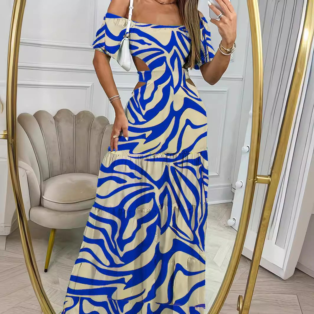 Embrace Summer Elegance with Our Printed One-Line Collar Short-Sleeved Long Dress - Perfect Hollow Waist Design for Distinctive Style