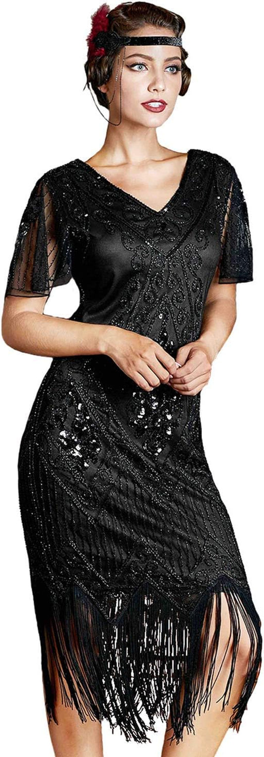 Glamorous 1920s Inspired Women's Flapper Cocktail Dress with Sequins and Sleeves