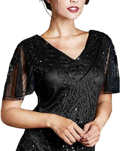 Glamorous 1920s Inspired Women's Flapper Cocktail Dress with Sequins and Sleeves