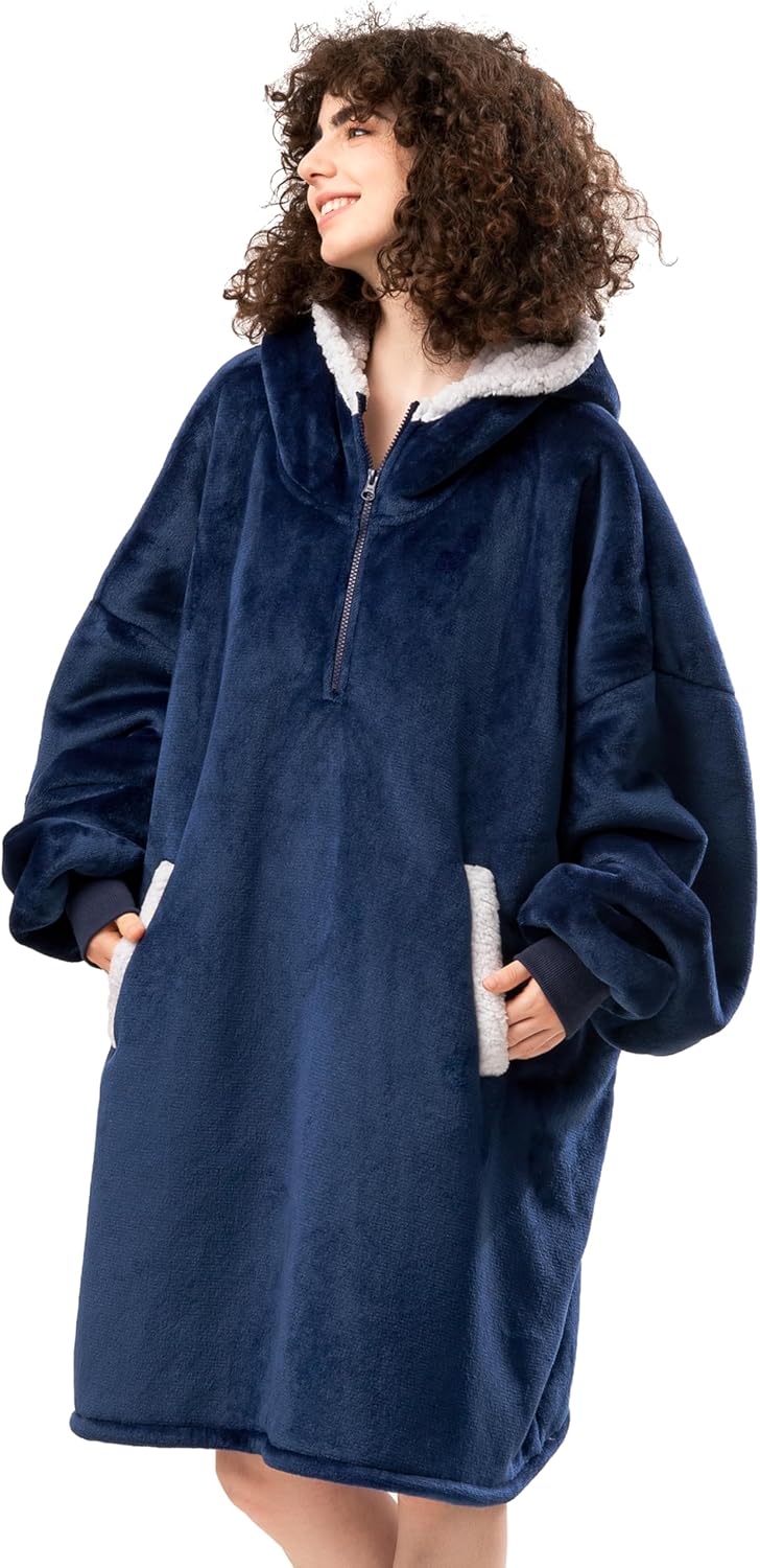 Experience Ultimate Comfort with Our Oversized Wearable Blanket Hoodie for Adults - Luxurious Thick Sherpa Fleece Sweatshirt in Cozy Blue with Elastic Sleeves & Giant Pockets
