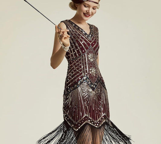 Elevate Your Style with the Elegant Gold & Wine Red Women's 1920s Flapper V Neck Beaded Fringed Dress - Perfect for Gatsby Parties and Special Events!