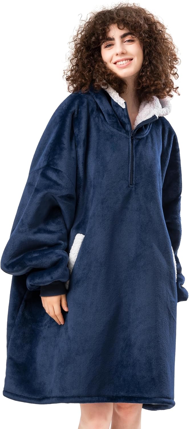 Experience Ultimate Comfort with Our Oversized Wearable Blanket Hoodie for Adults - Luxurious Thick Sherpa Fleece Sweatshirt in Cozy Blue with Elastic Sleeves & Giant Pockets
