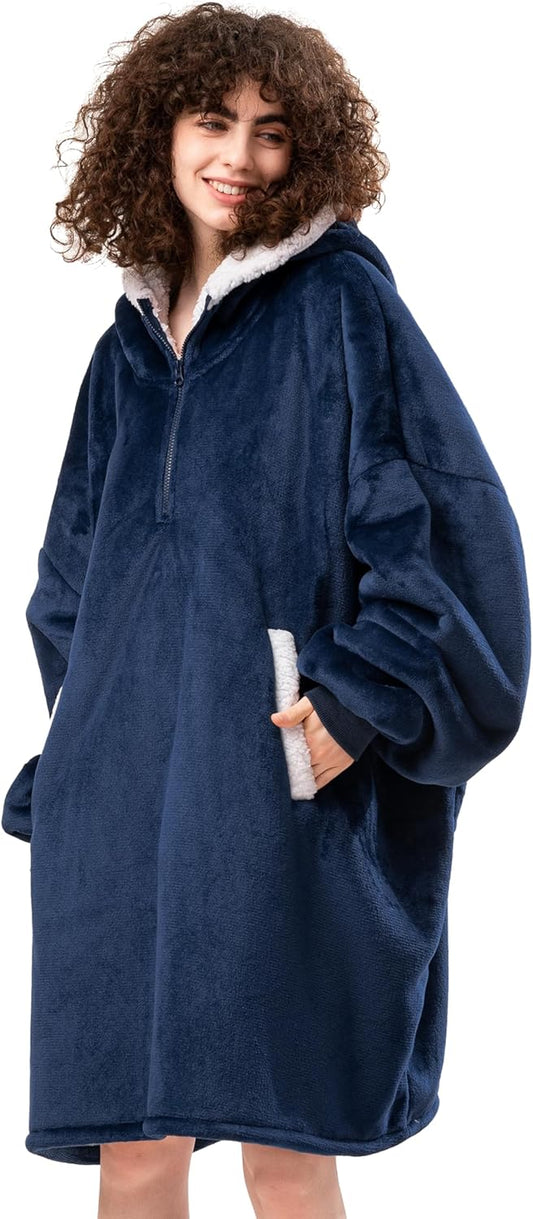 Experience Ultimate Comfort with Our Oversized Wearable Blanket Hoodie for Adults - Luxurious Thick Sherpa Fleece Sweatshirt in Cozy Blue with Elastic Sleeves & Giant Pockets