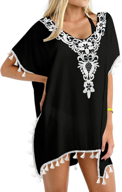 Stylish Embroidered Black Chiffon Swimsuit Cover-Up for Women - Perfect Beachwear Essential