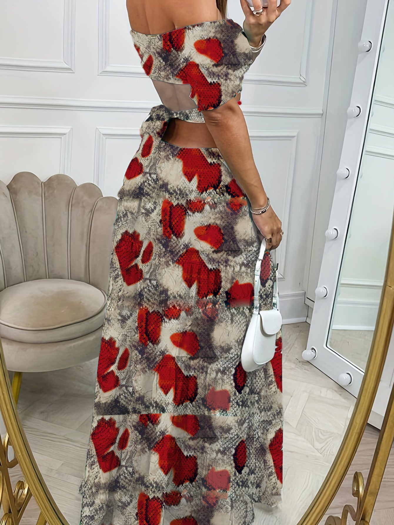 Embrace Summer Elegance with Our Printed One-Line Collar Short-Sleeved Long Dress - Perfect Hollow Waist Design for Distinctive Style