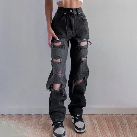 Stylish Brown Distressed High Waist Y2K Jeans for Women - Trendy Streetwear Straight Fit Denim Trousers