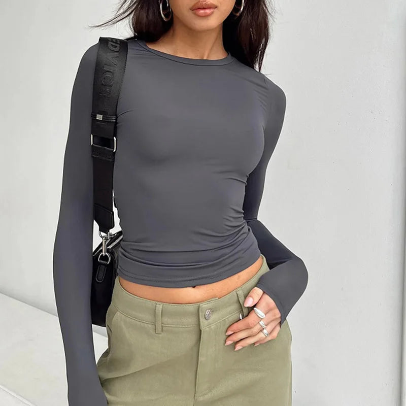 Trendy Women's Casual Long Sleeve T-Shirts - Stylish Solid Slim Fit Pullovers Perfect for Autumn & Winter Streetwear!