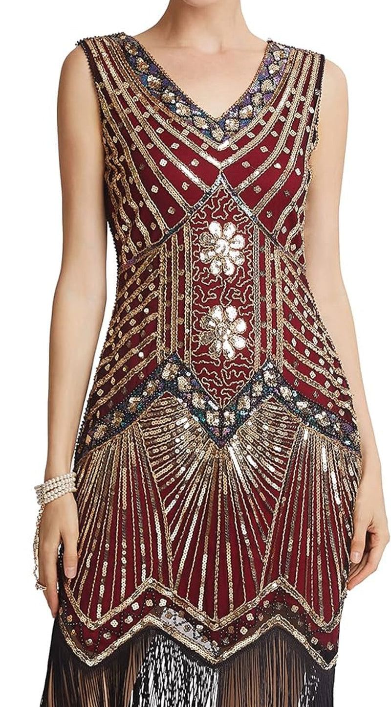 Elevate Your Style with the Elegant Gold & Wine Red Women's 1920s Flapper V Neck Beaded Fringed Dress - Perfect for Gatsby Parties and Special Events!