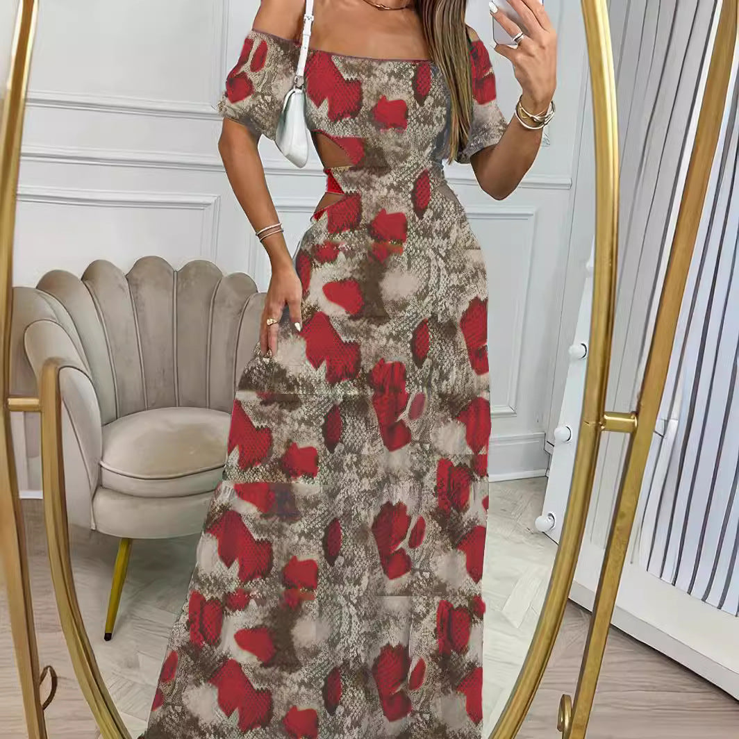 Embrace Summer Elegance with Our Printed One-Line Collar Short-Sleeved Long Dress - Perfect Hollow Waist Design for Distinctive Style