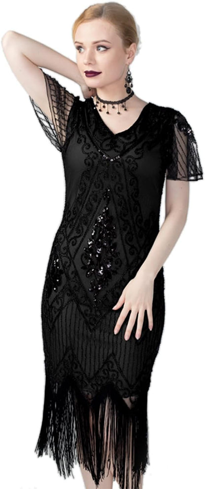 Glamorous 1920s Inspired Women's Flapper Cocktail Dress with Sequins and Sleeves
