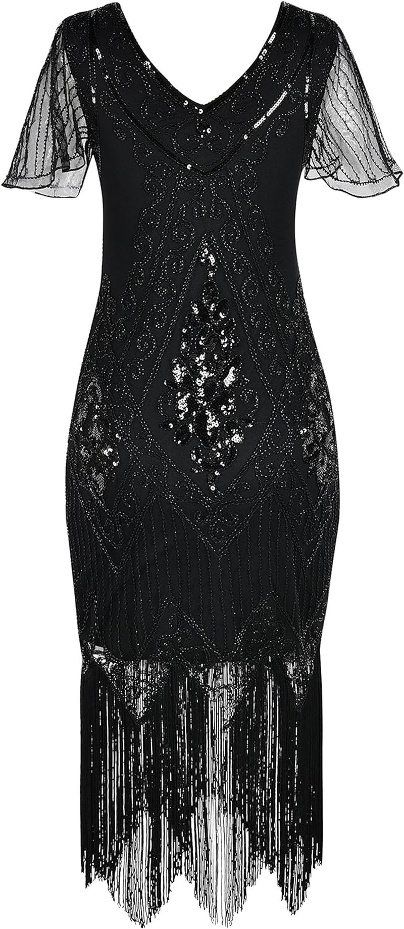 Glamorous 1920s Inspired Women's Flapper Cocktail Dress with Sequins and Sleeves