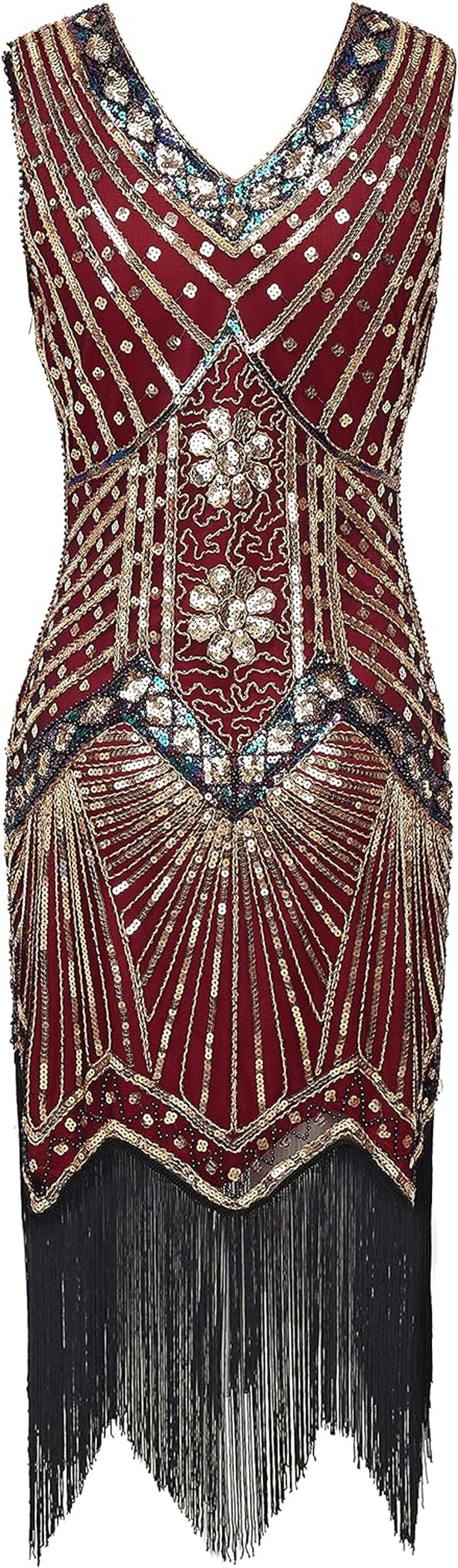 Elevate Your Style with the Elegant Gold & Wine Red Women's 1920s Flapper V Neck Beaded Fringed Dress - Perfect for Gatsby Parties and Special Events!
