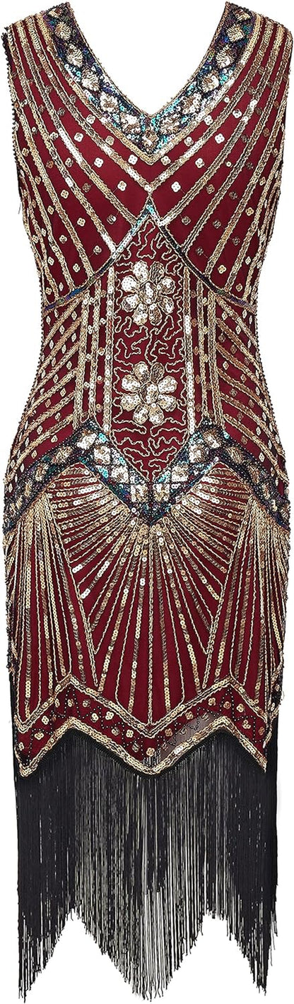 Elevate Your Style with the Elegant Gold & Wine Red Women's 1920s Flapper V Neck Beaded Fringed Dress - Perfect for Gatsby Parties and Special Events!
