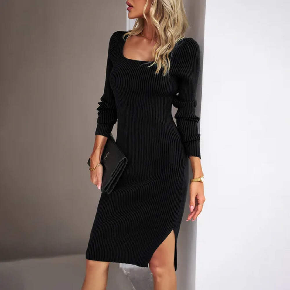 Chic Elegant Ribbed Midi Dress with Stylish Side Slit - Perfect for Any Occasion