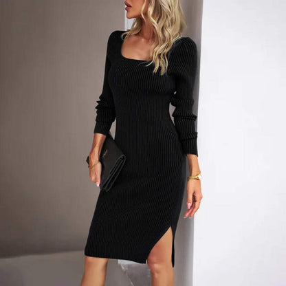 Chic Elegant Ribbed Midi Dress with Stylish Side Slit - Perfect for Any Occasion
