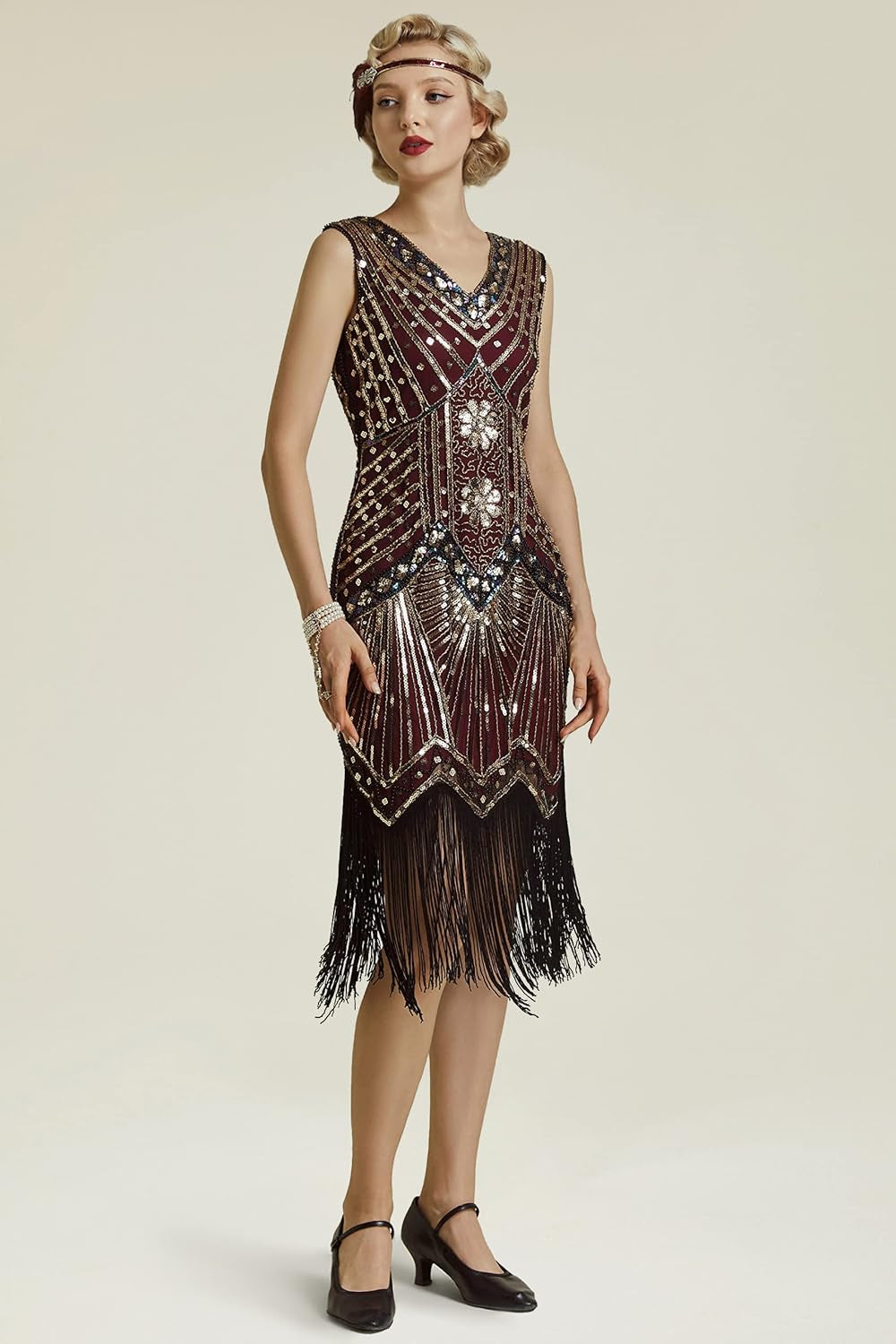 Elevate Your Style with the Elegant Gold & Wine Red Women's 1920s Flapper V Neck Beaded Fringed Dress - Perfect for Gatsby Parties and Special Events!