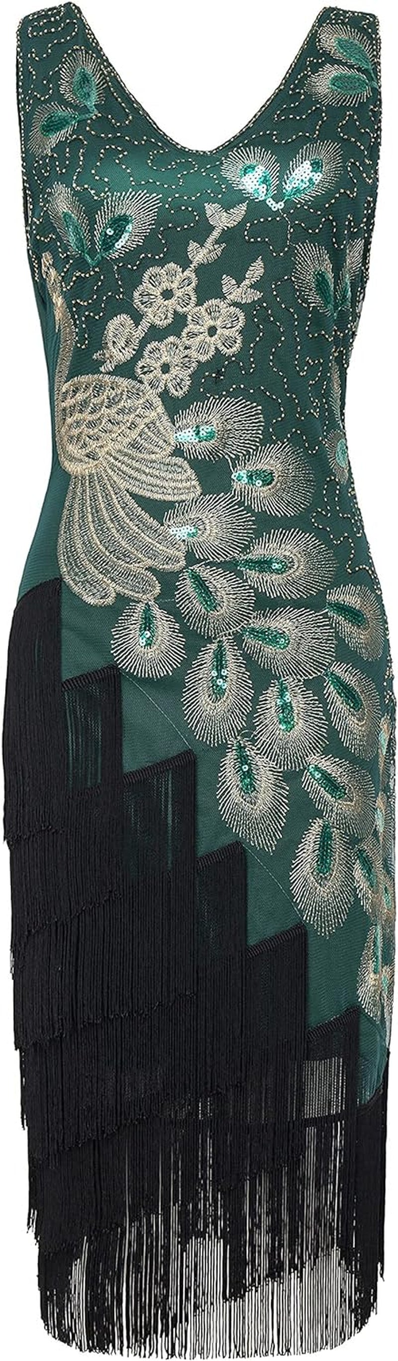 Glamorous 1920s Vintage Peacock Sequined Flapper Dress with Fringes - Perfect for Gatsby Parties and Special Occasions